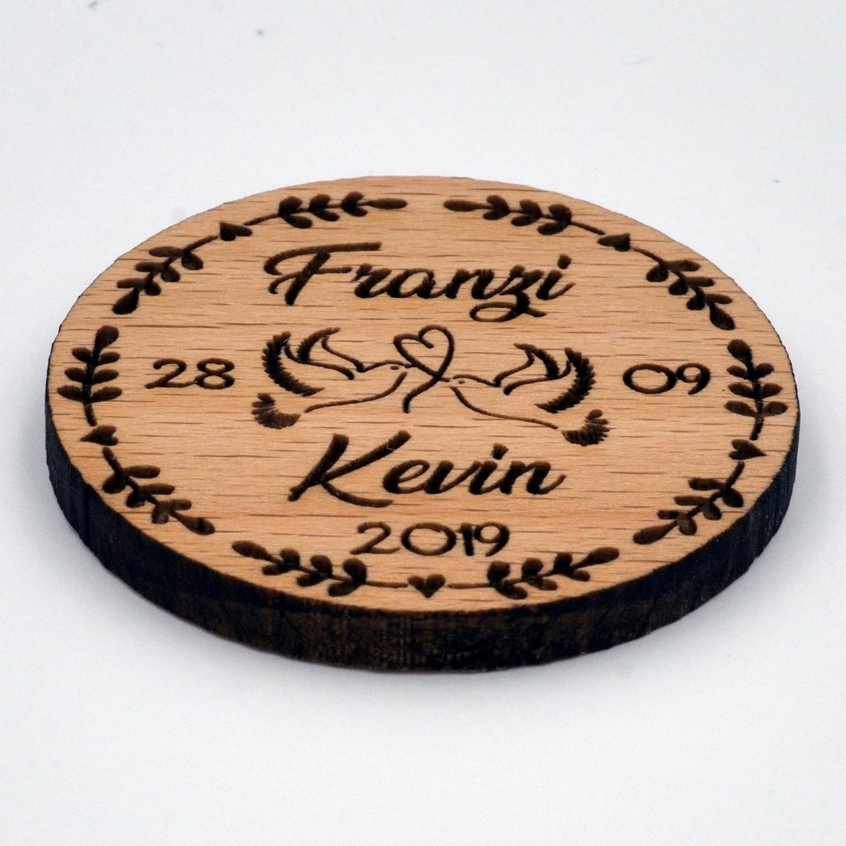 Hochzeitsanstecker, rund - Buche